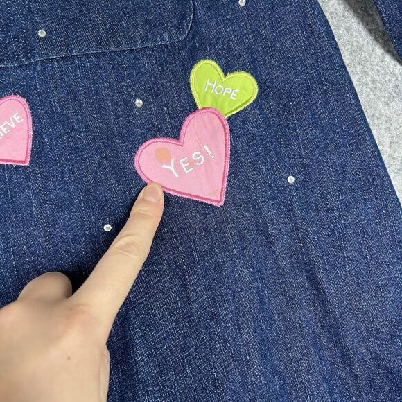 Vintage Quacker Factory Top Medium Denim Embroidered Hearts Valentines Flaws - Picture 5 of 11